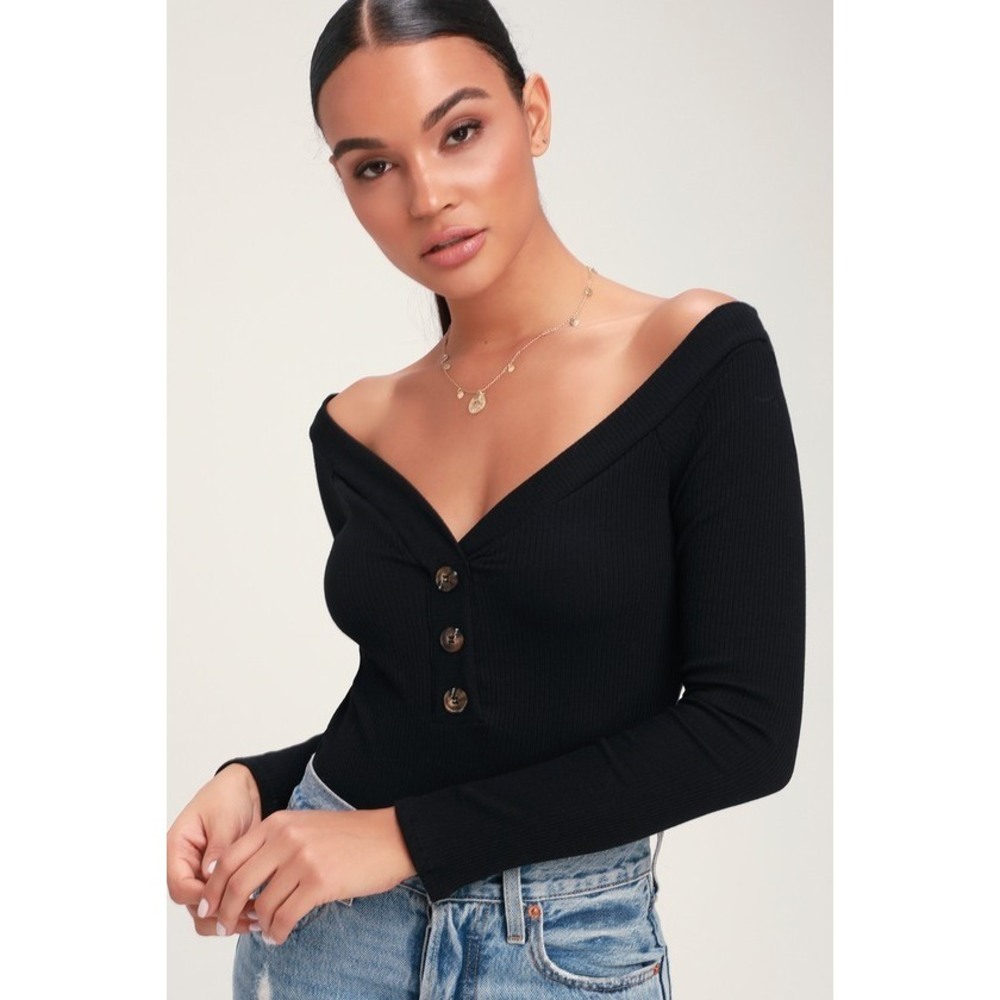 Lulus Lilyth Black Ribbed Long Sleeve Off-the-shoulder Bodysuit - Size M